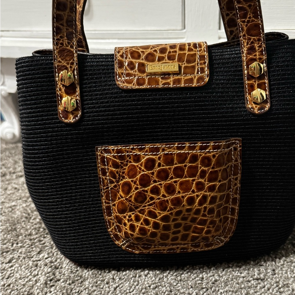 Eric Javits Black Island Tote Bag with Brown Croc-Trim and Gold Hardware - Picture 3 of 12